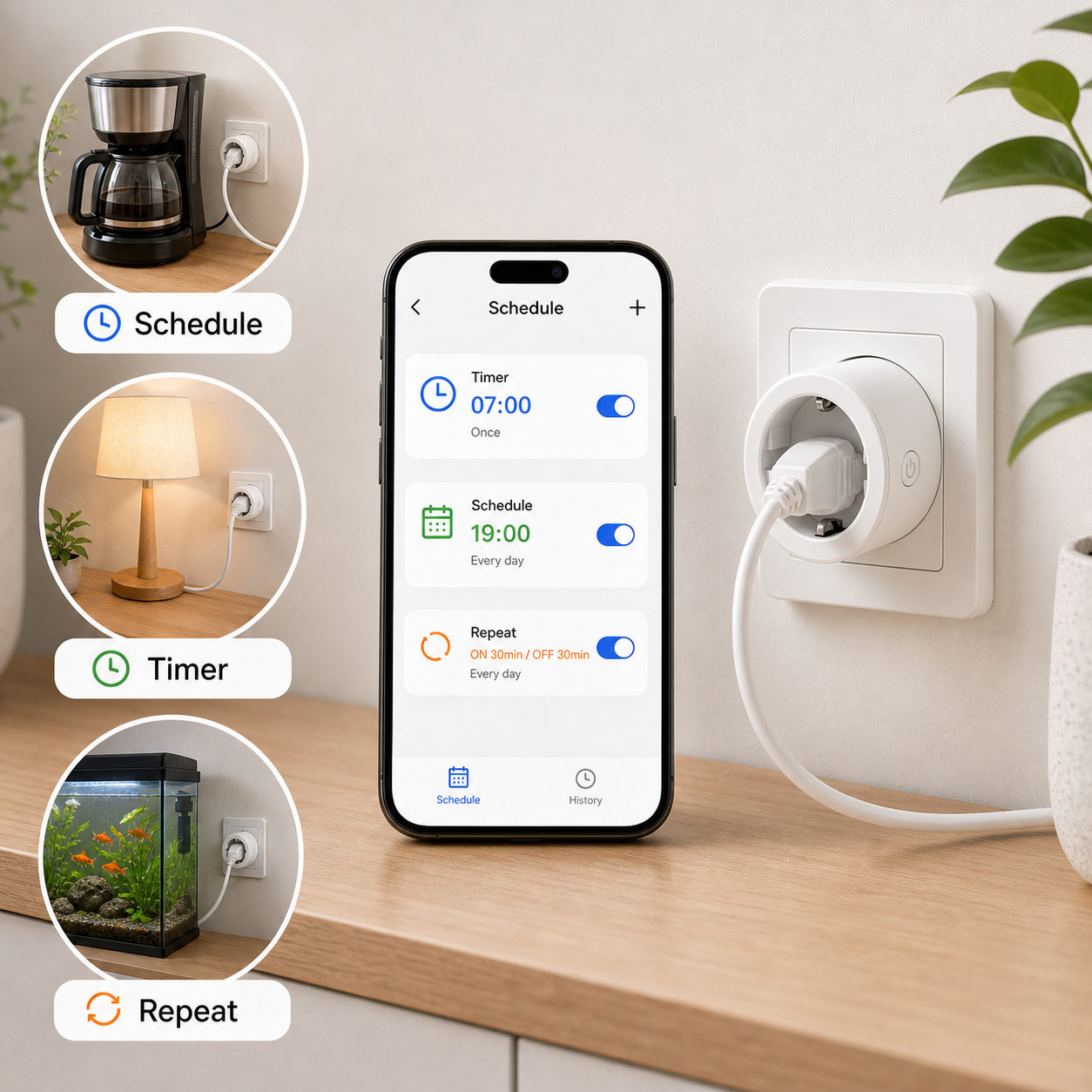 Schedule timer and repeat app scenes for WiFi smart plug