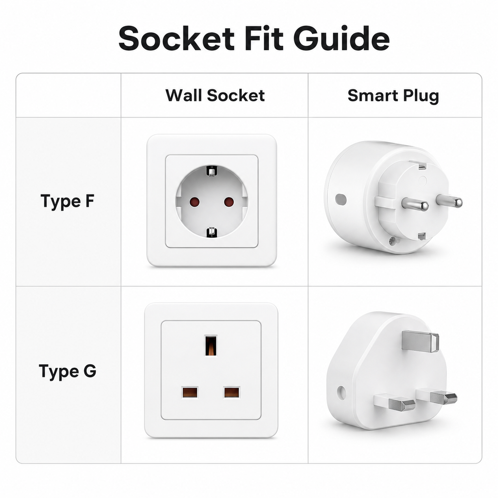 Socket fit guide for Type F and Type G smart plugs