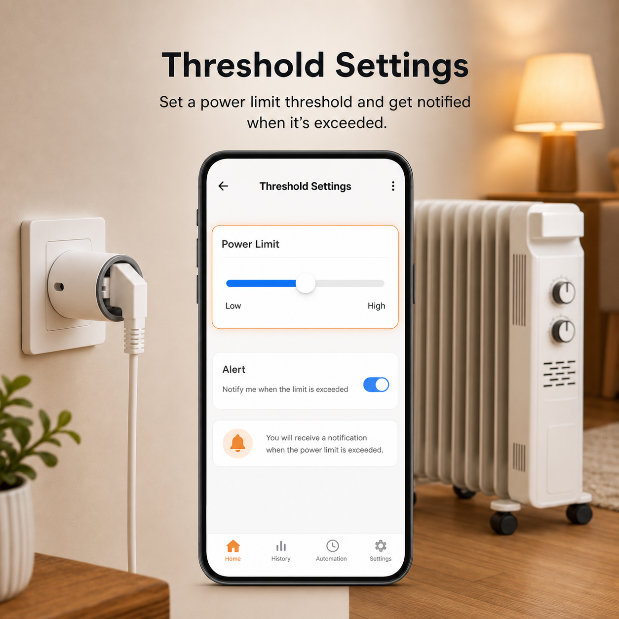 Threshold settings mockup for smart plug overload alert