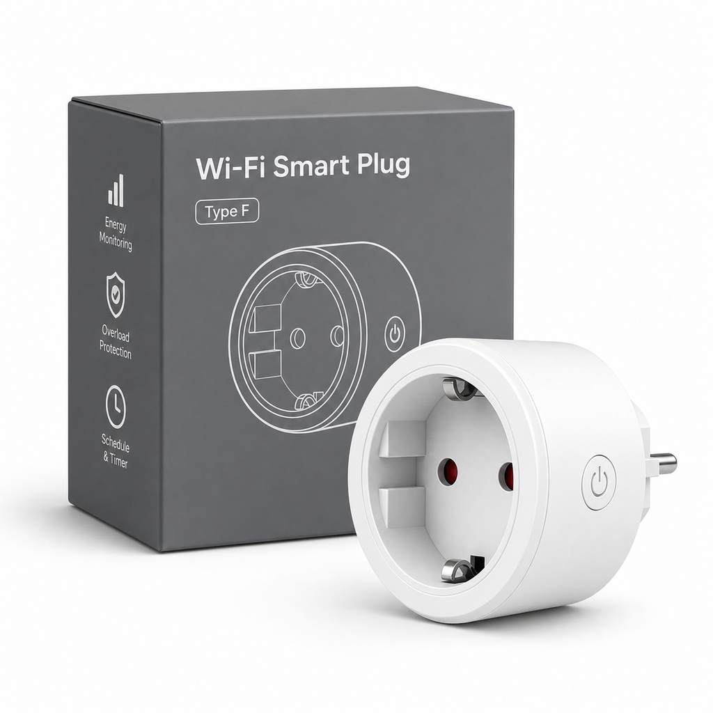 Type F WiFi smart plug packshot with neutral box