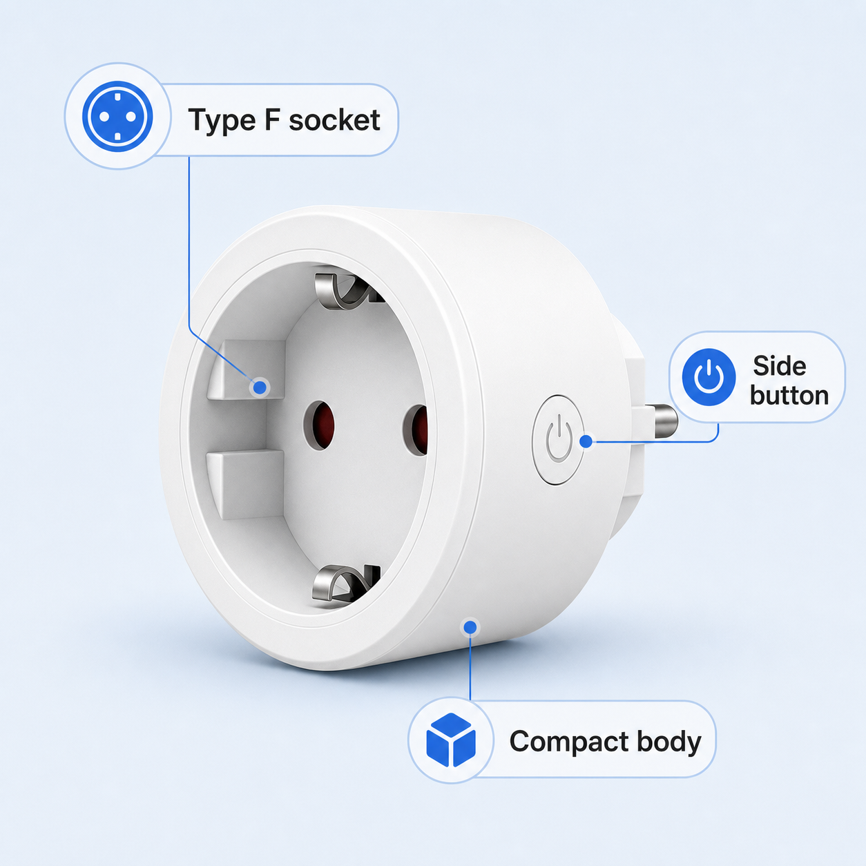 Type F WiFi smart plug design callouts with side button