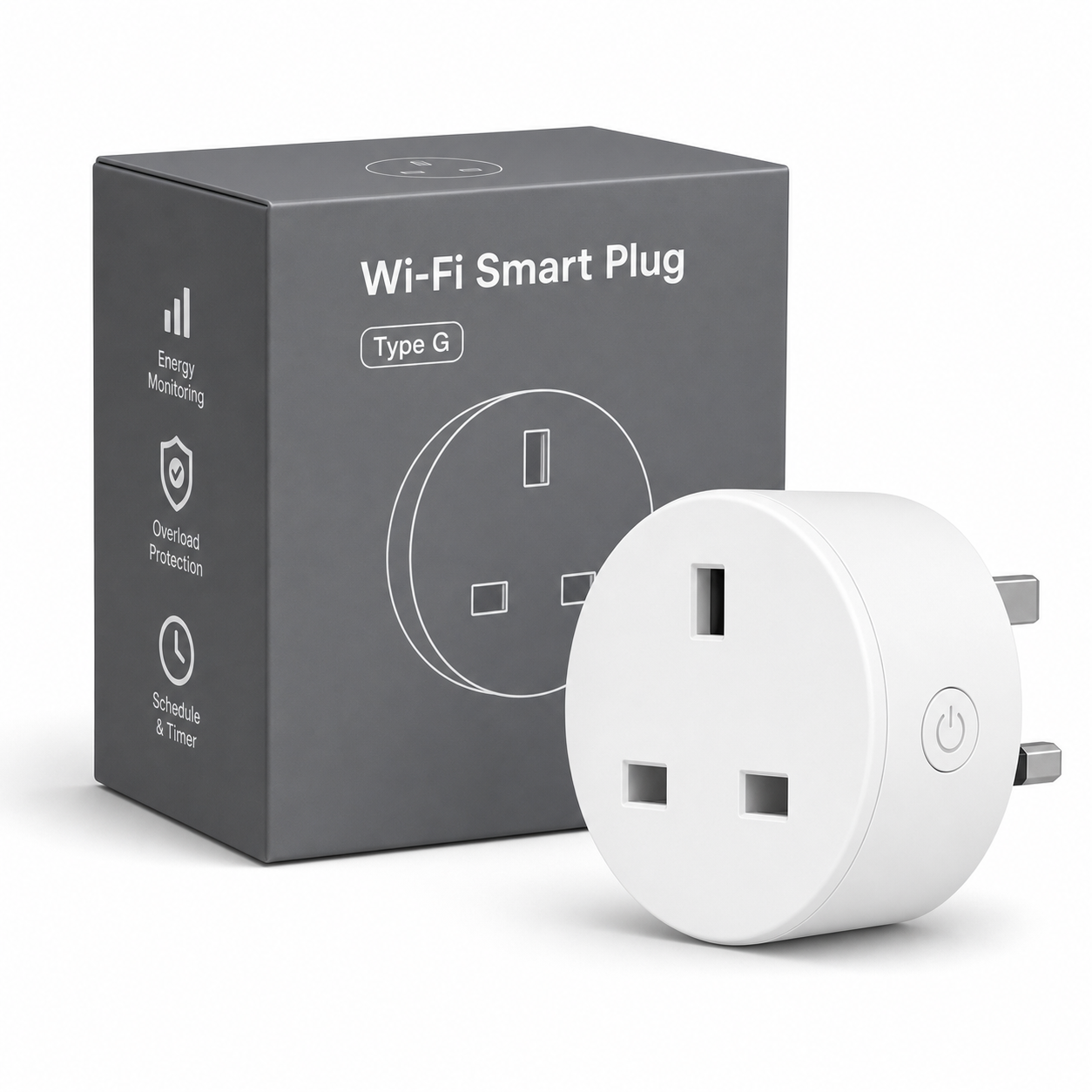 Type G WiFi smart plug packshot with neutral box