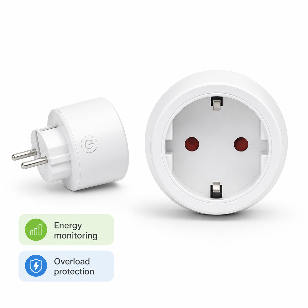 Studio hero image of white WiFi smart plug with energy monitoring