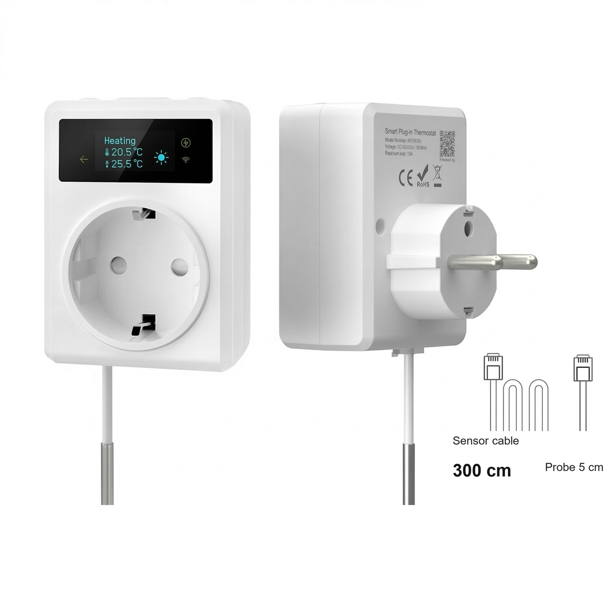 Front and rear views of thermostat plug with 300 cm sensor cable detail