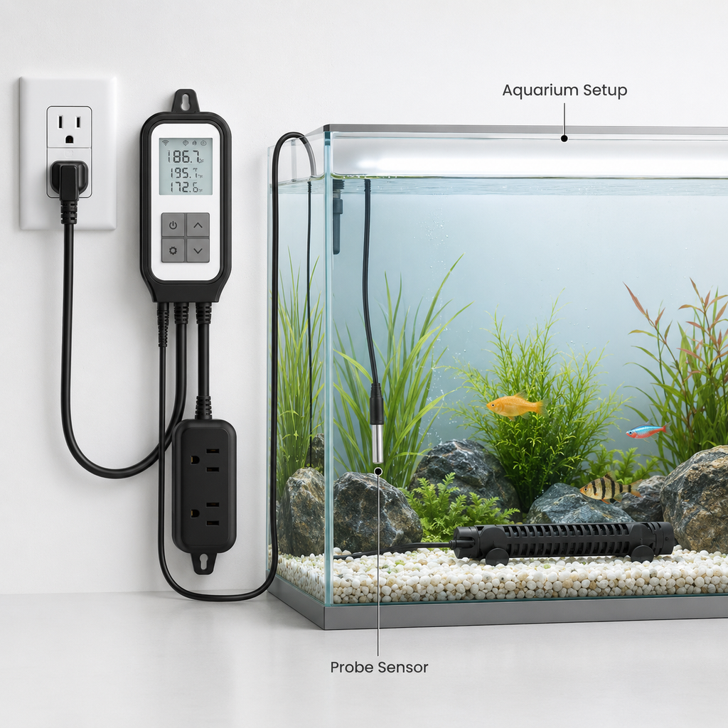 Aquarium setup with WiFi thermostat plug and sensor probe