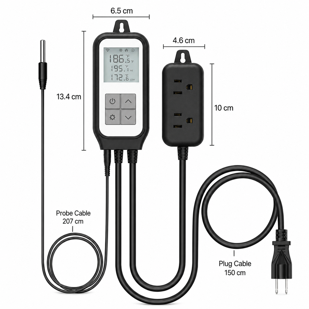 Cable and device dimensions for WiFi thermostat plug with probe