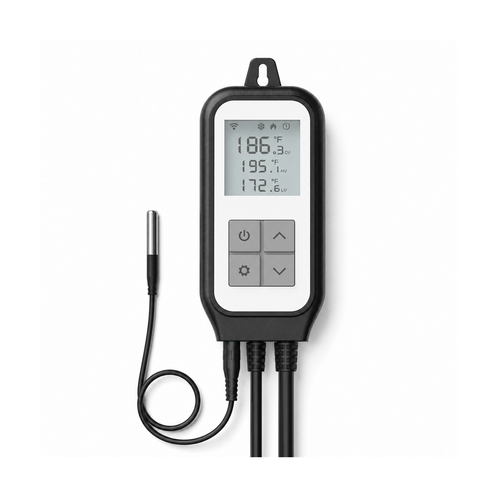 Contrôleur thermostat Wi-Fi NéoPlug Comfort avec sonde de température sur fond blanc