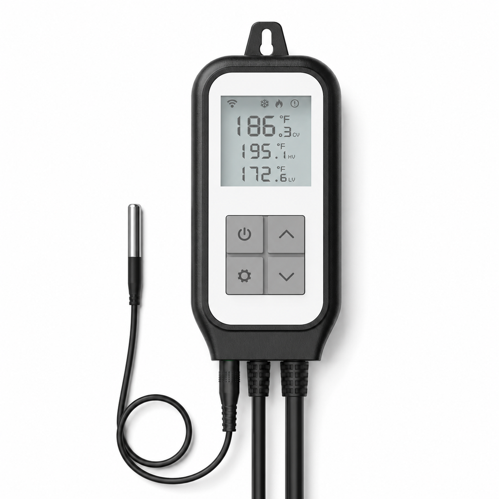 Front packshot of WiFi thermostat controller with LCD screen and buttons