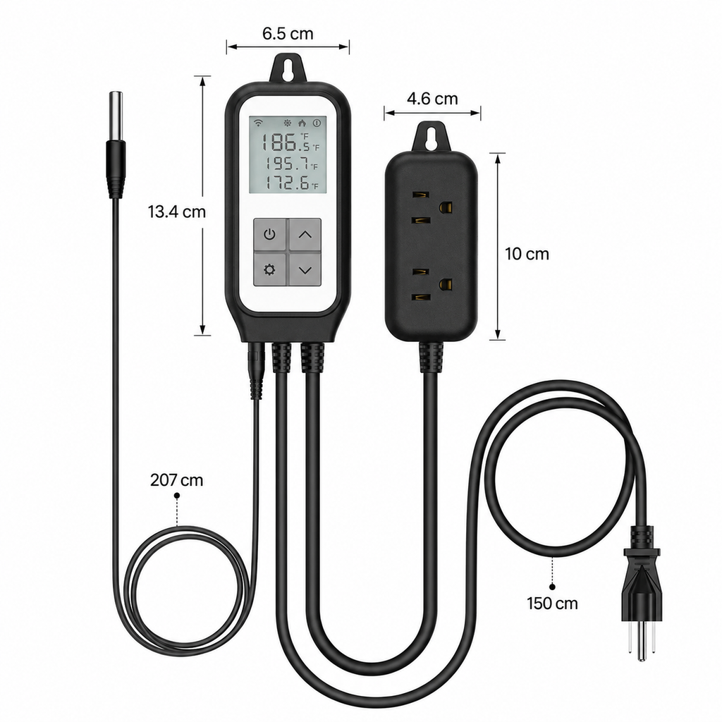 Dimensions diagram for WiFi thermostat plug with probe and outlet module