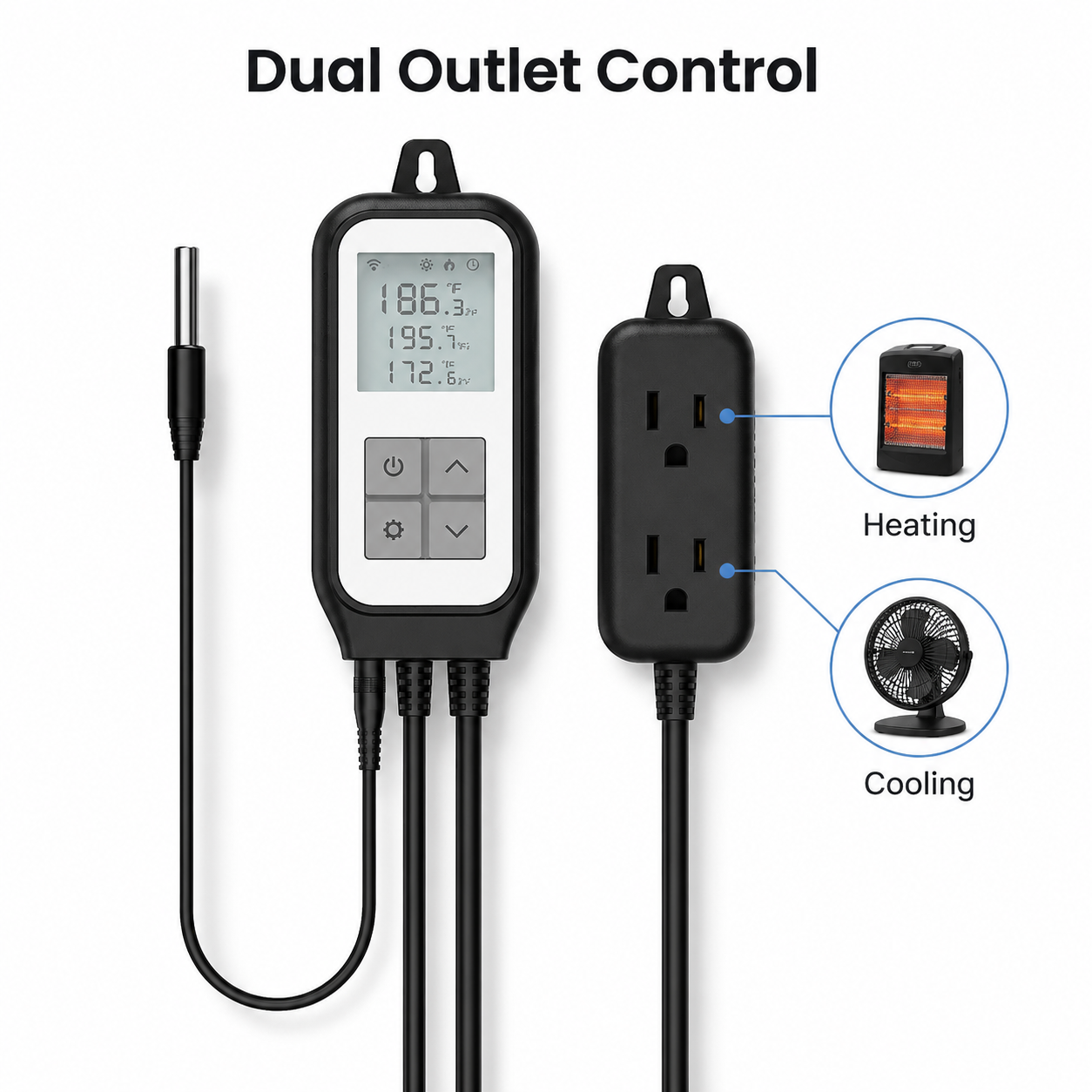 Dual outlet heating and cooling control for WiFi thermostat plug