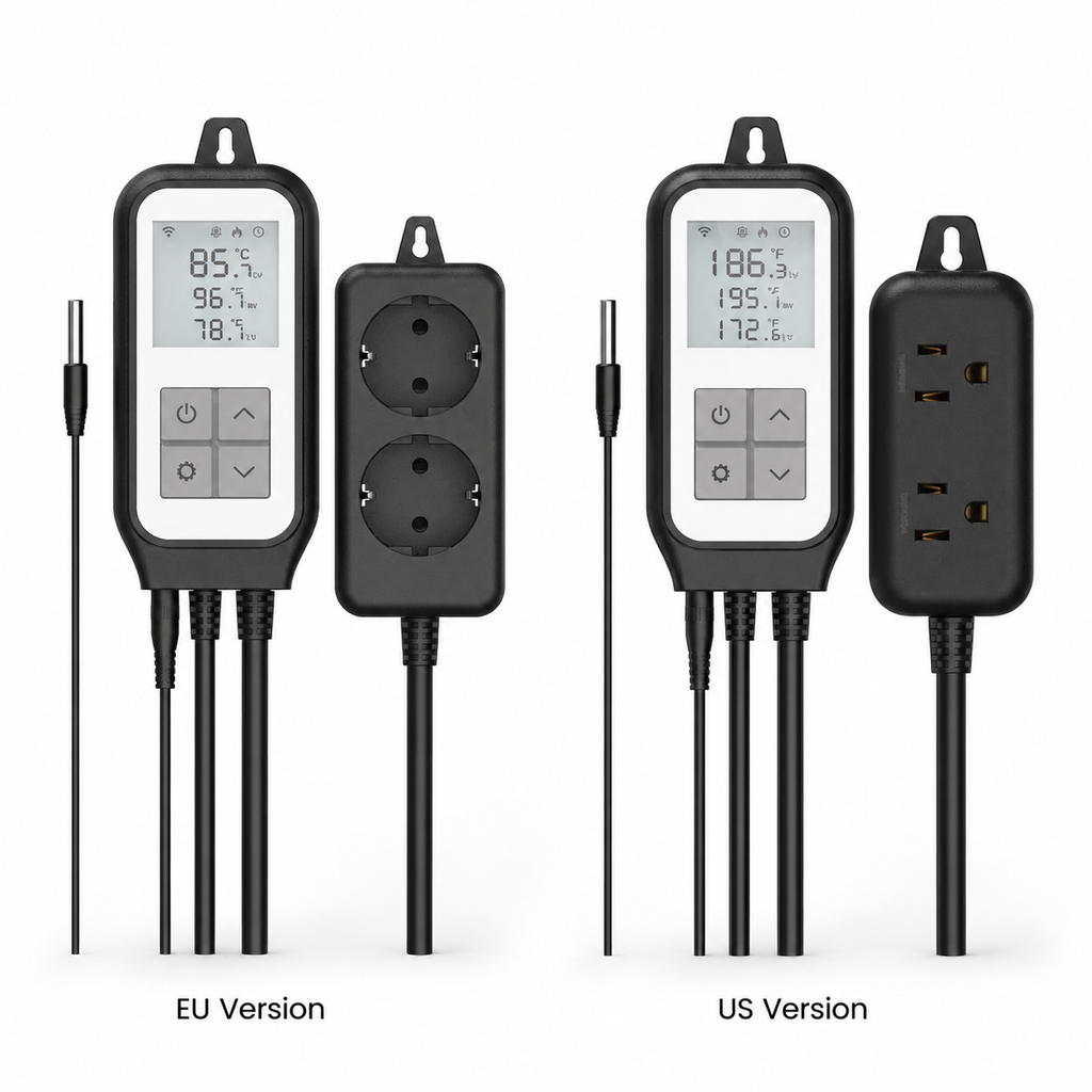 EU and US thermostat plug variants on white background