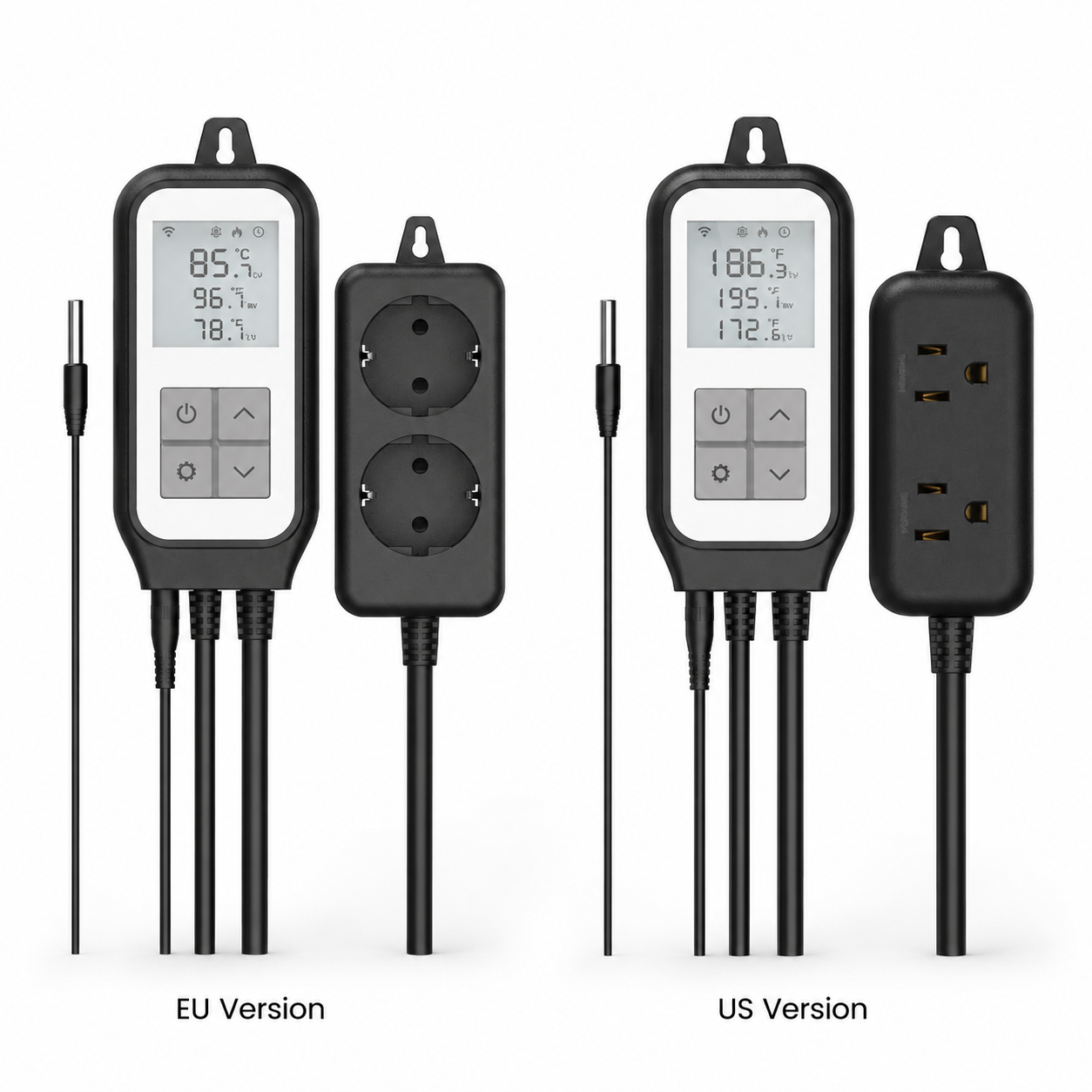 EU and US thermostat plug variants on white background