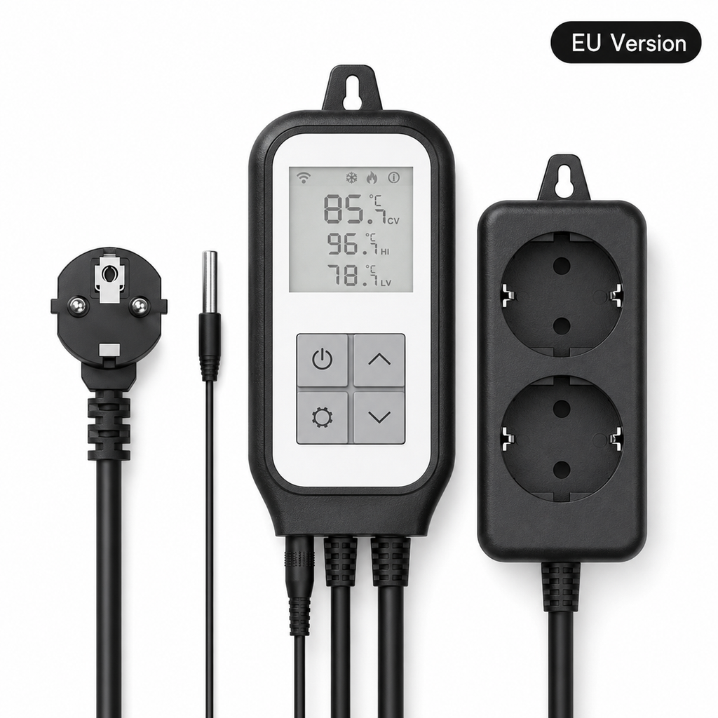 EU version WiFi thermostat plug with probe and outlet on white background