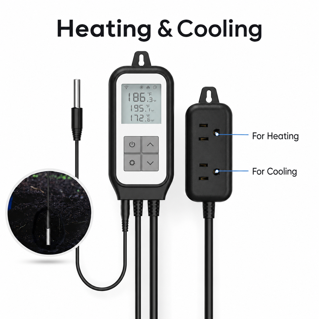 Heating and cooling outlet control with replaceable temperature probe