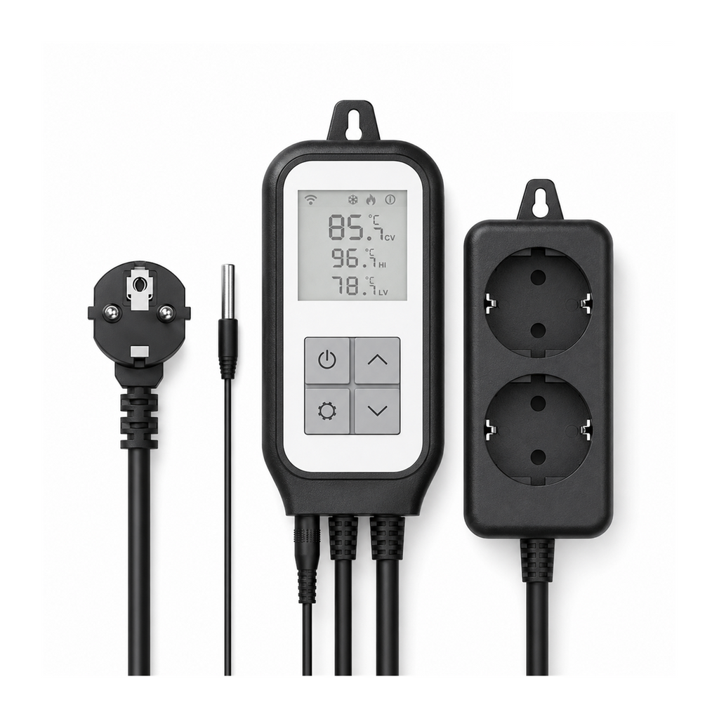 Prise thermostat Wi-Fi NéoPlug Comfort format européen avec sonde sur fond blanc