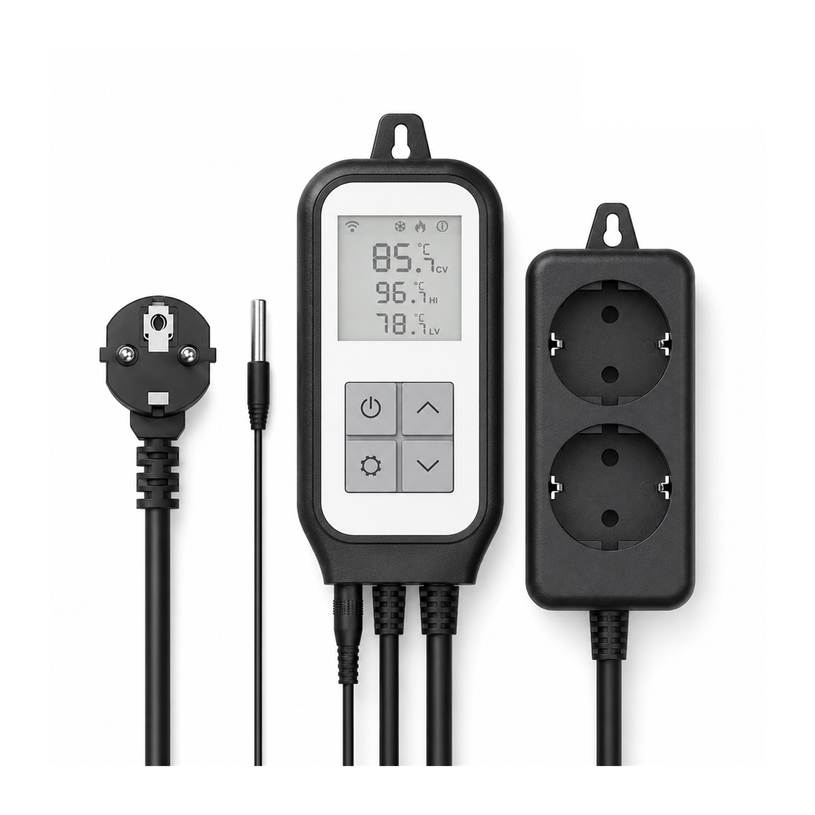 Prise thermostat Wi-Fi NéoPlug Comfort format européen avec sonde sur fond blanc