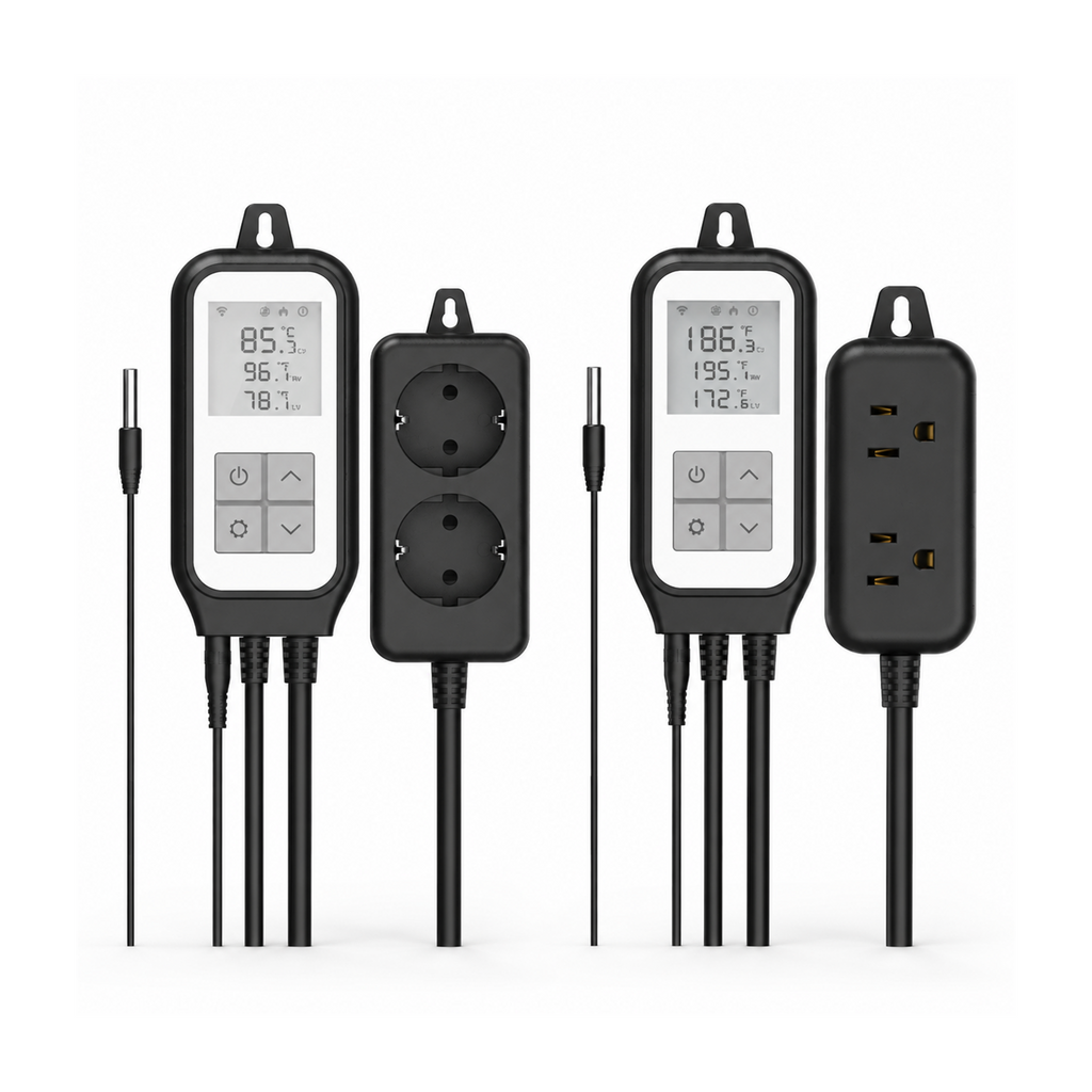 Prise thermostat Wi-Fi NéoPlug Thermostat Comfort avec contrôleur et modules secteur sur fond blanc