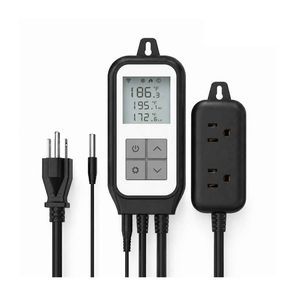 Prise thermostat Wi-Fi NéoPlug Comfort format US avec sonde sur fond blanc