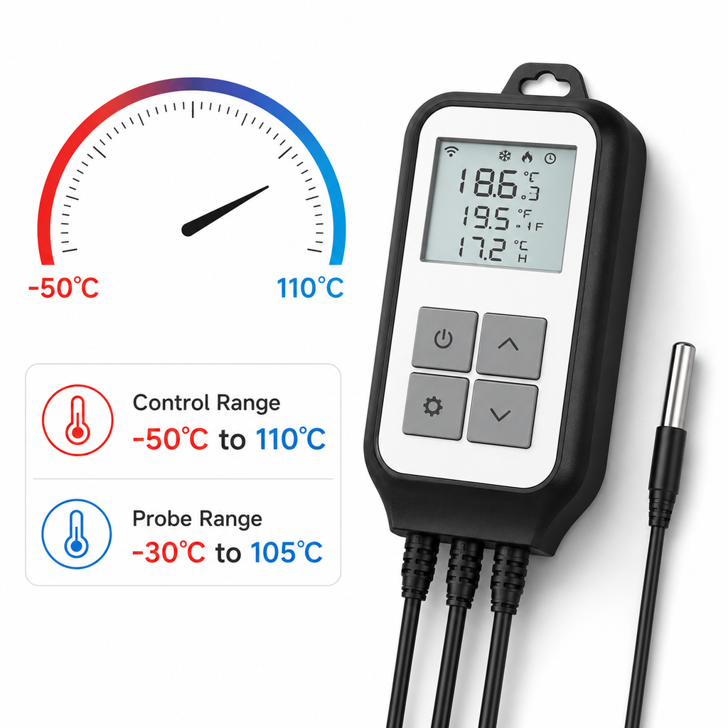 Temperature control range visual for WiFi thermostat plug and probe