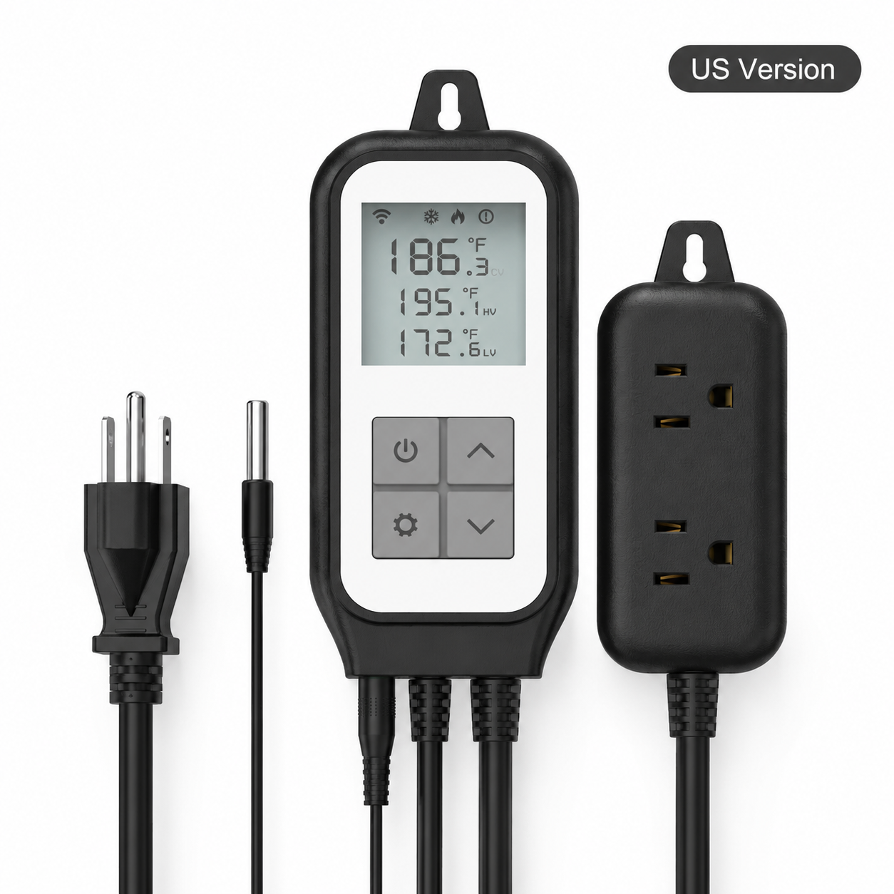 US version WiFi thermostat plug with probe and outlet on white background