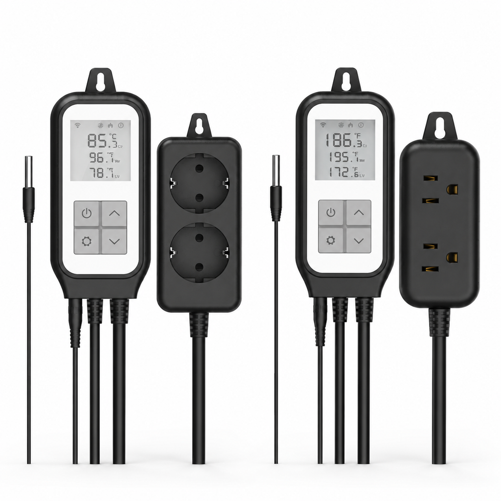 Studio packshot of WiFi thermostat plug controller with probe and outlet module
