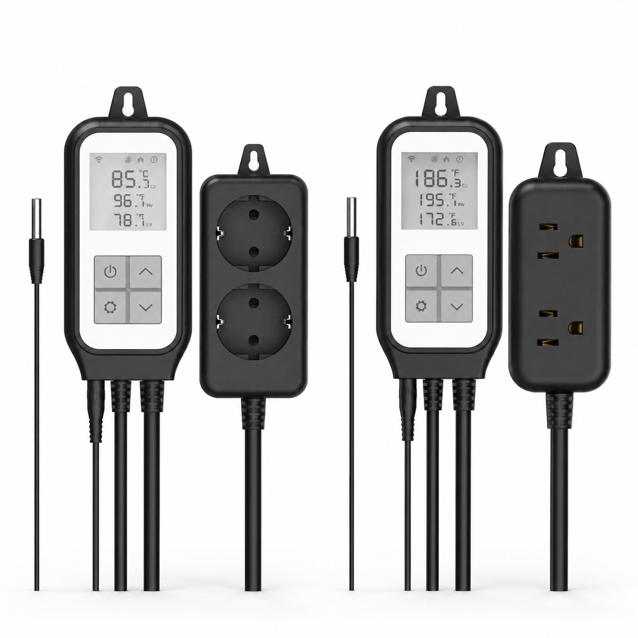 Studio packshot of WiFi thermostat plug controller with probe and outlet module