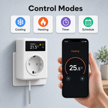 Control modes infographic with thermostat plug and generic mobile app