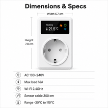 Dimensions and key specs diagram for thermostat smart plug