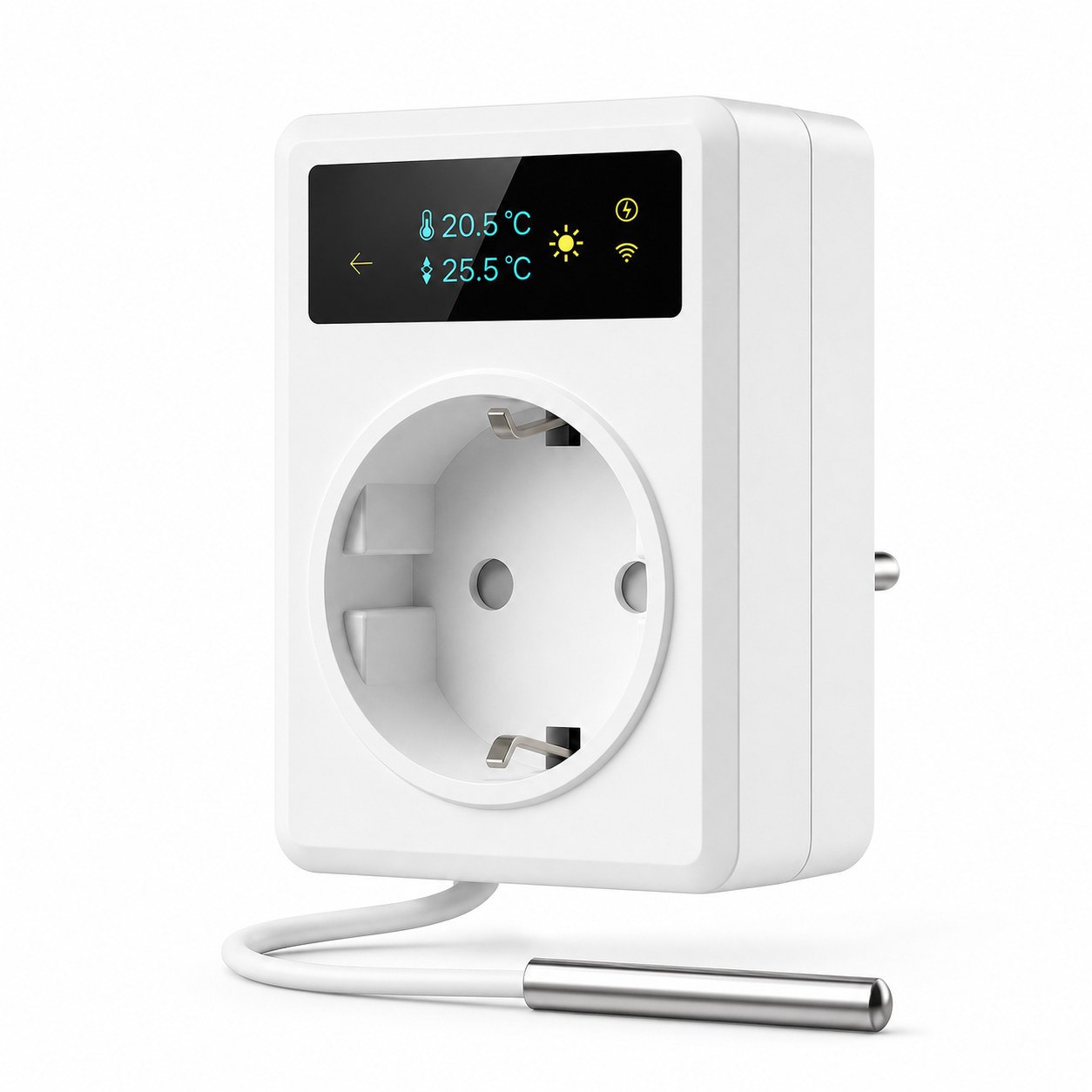 White EU thermostat smart plug with wired temperature probe on a clean white studio background