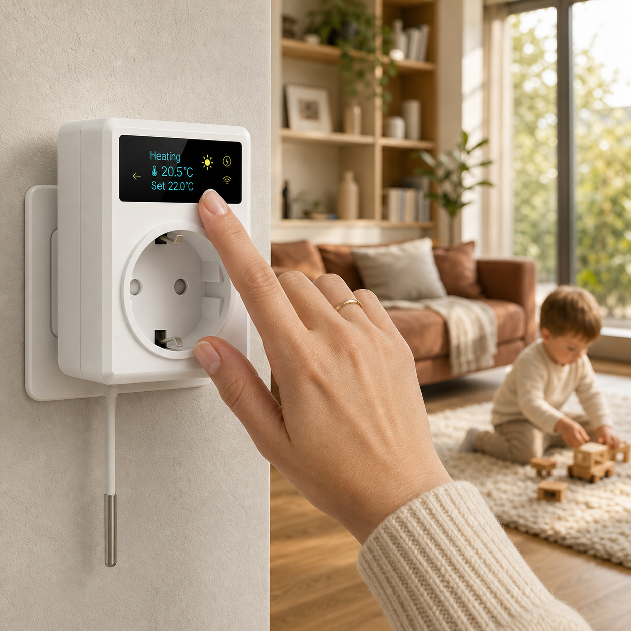 Family living room lifestyle scene with wall-mounted thermostat smart plug