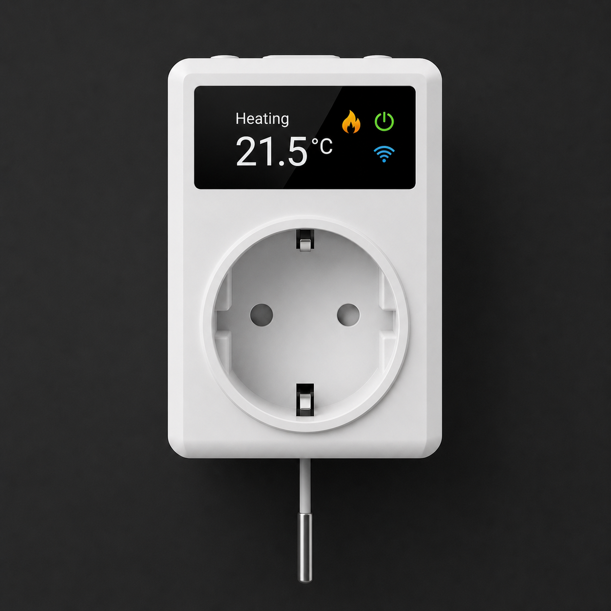 White thermostat smart plug with heating display on dark studio background