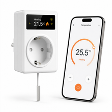 Thermostat smart plug next to generic mobile temperature control app