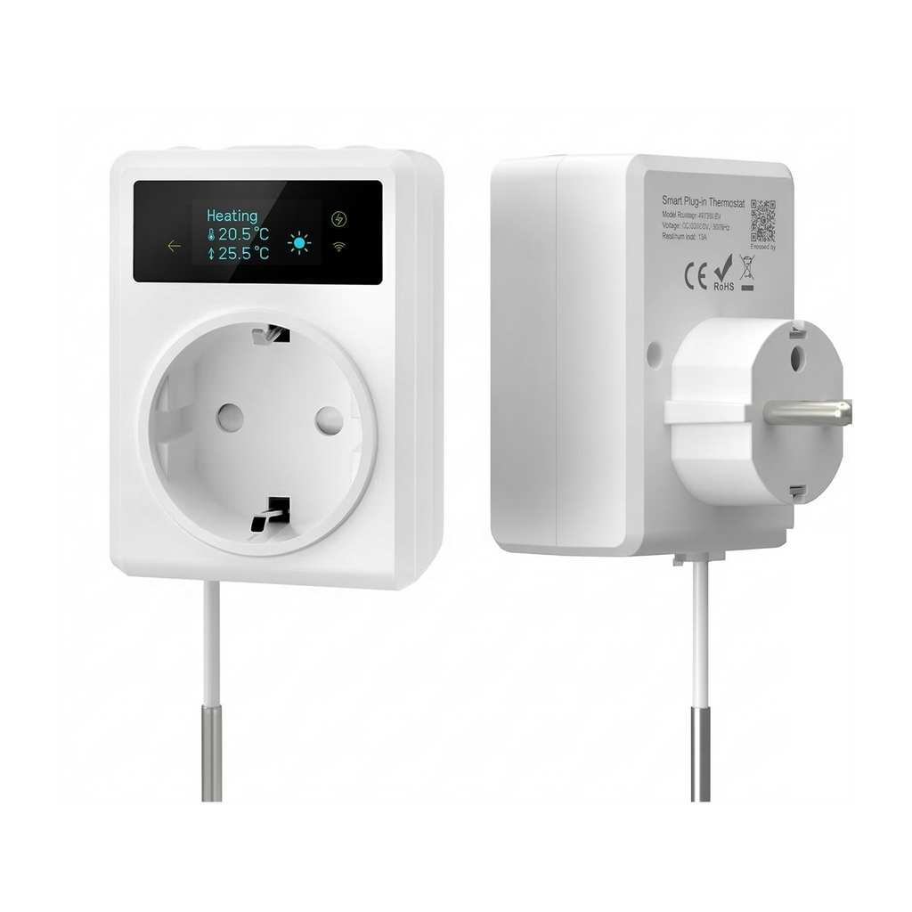 Prise thermostat connectée vue avant et arrière avec fiche européenne sur fond studio blanc