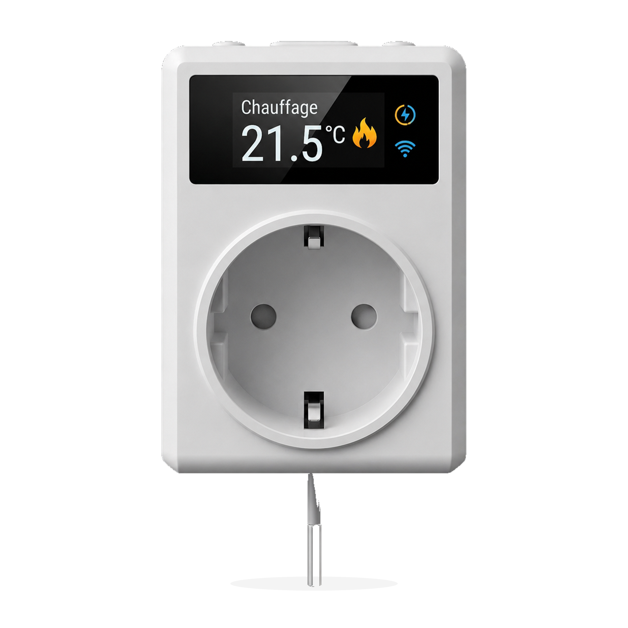 Prise thermostat connectée blanche vue de face sur fond studio blanc