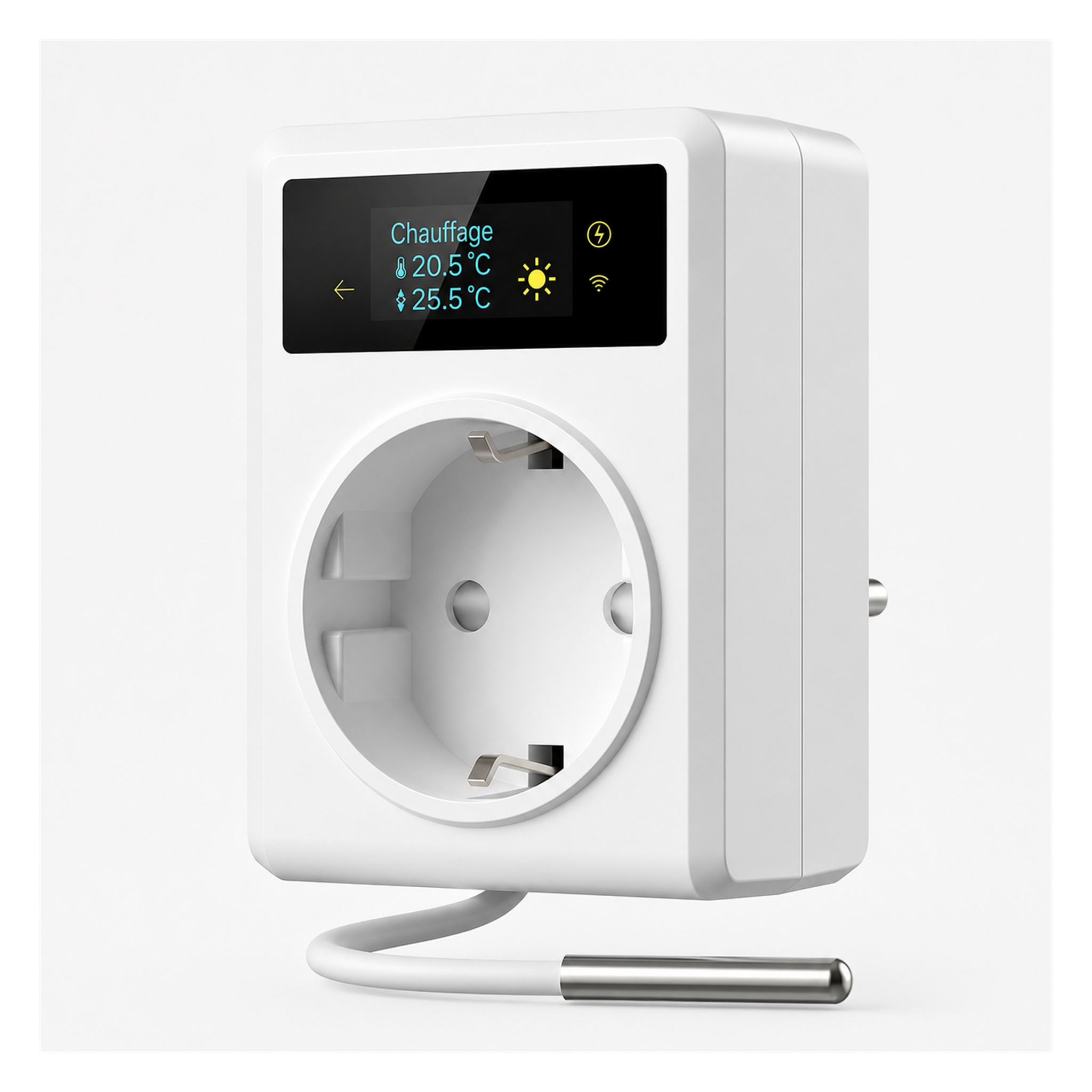 Prise thermostat connectée blanche avec sonde filaire sur fond studio blanc