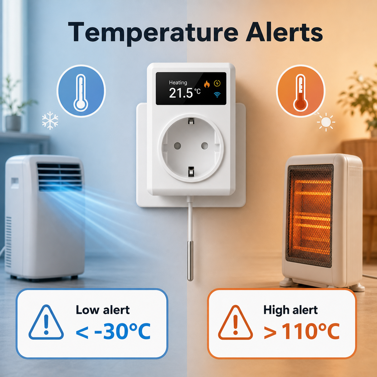 High and low temperature alert infographic for thermostat smart plug