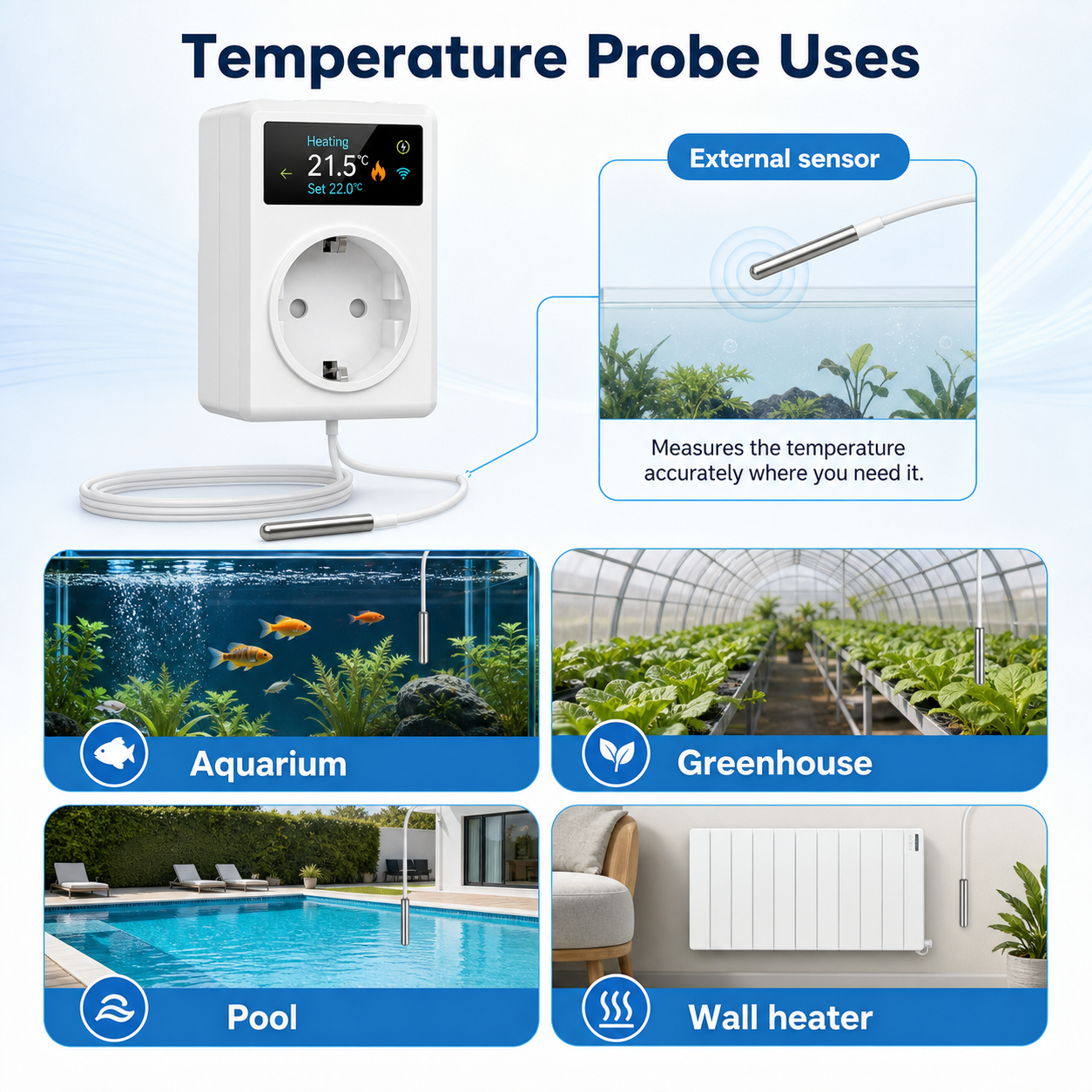 External temperature probe use cases for aquarium greenhouse pool and wall heater