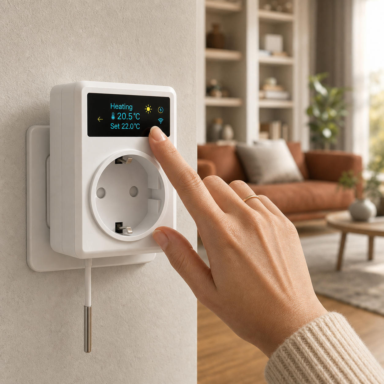 Thermostat smart plug being adjusted on a living room wall
