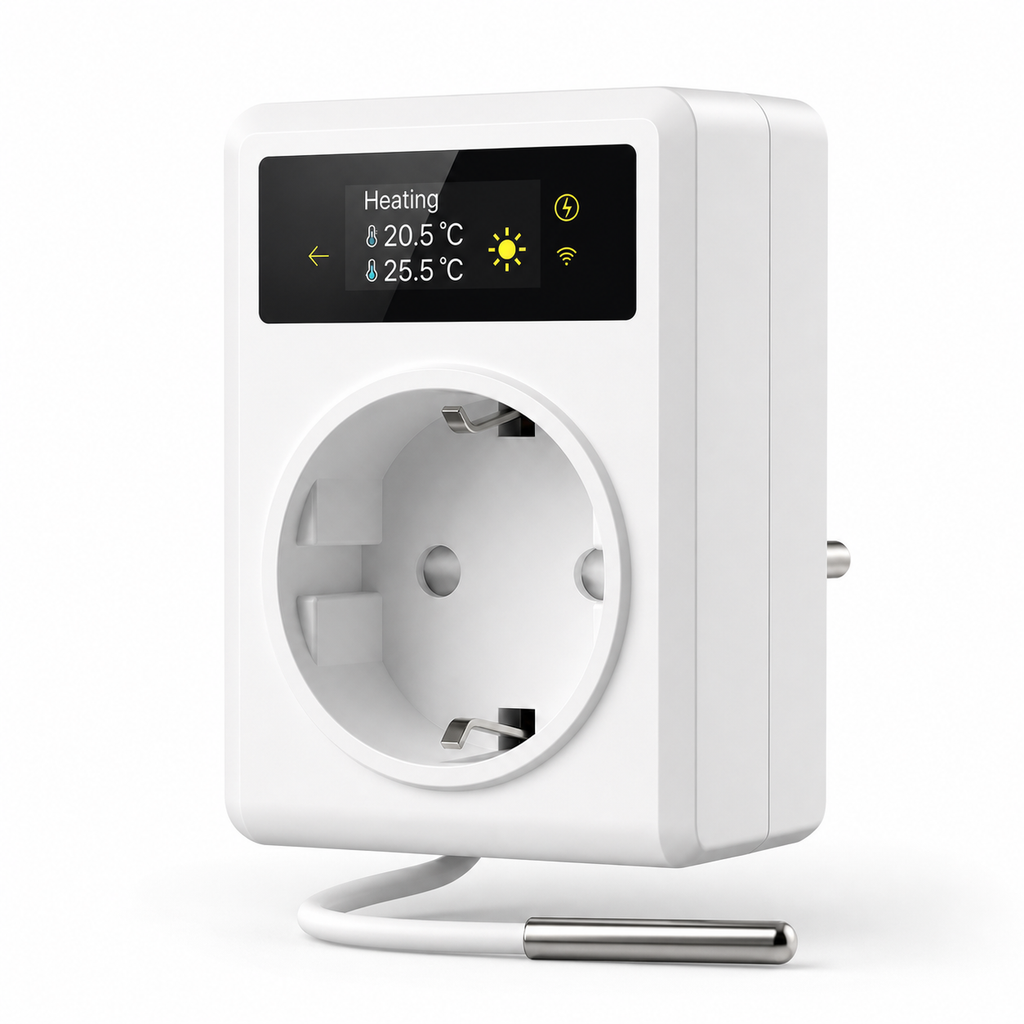 Studio packshot of white thermostat smart plug with external sensor probe