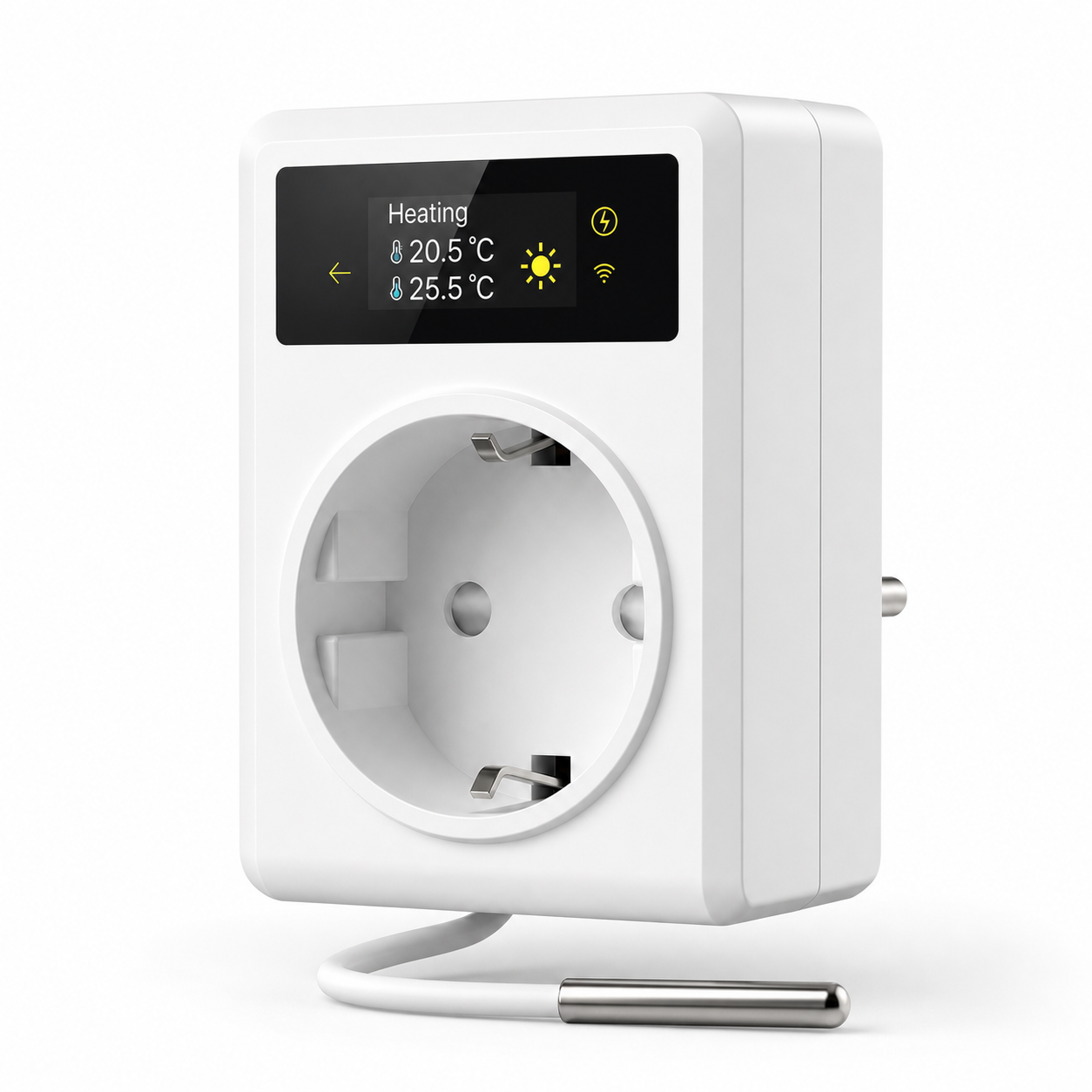 Studio packshot of white thermostat smart plug with external sensor probe