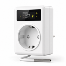 Studio packshot of white thermostat smart plug with external sensor probe