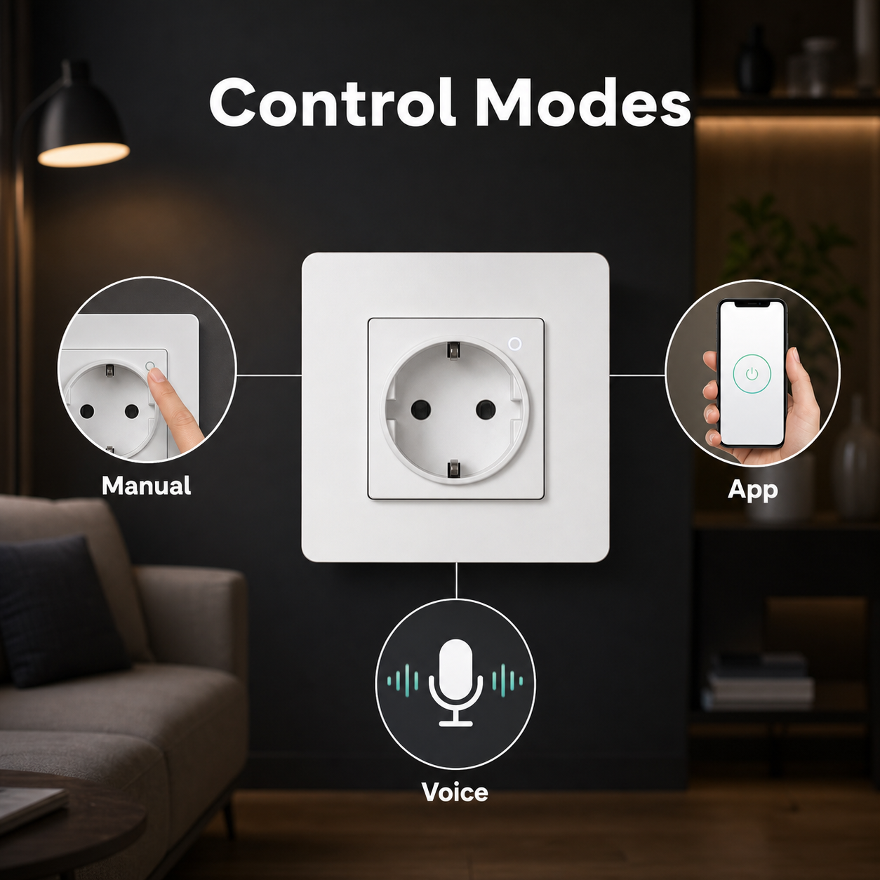 Control modes image for EU wall socket with manual app and voice options