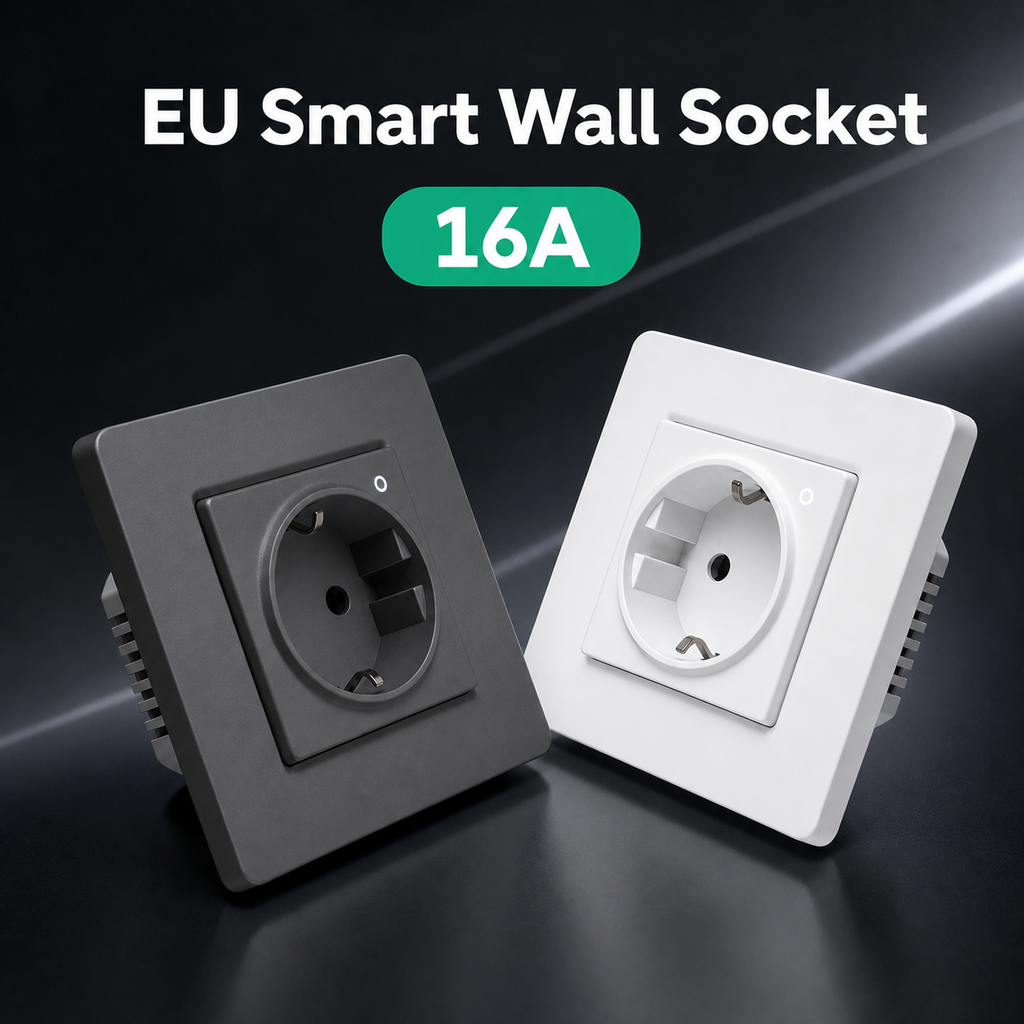 Dark studio hero image of grey and white EU smart wall sockets