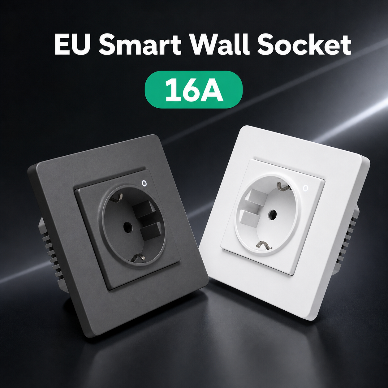 Dark studio hero image of grey and white EU smart wall sockets