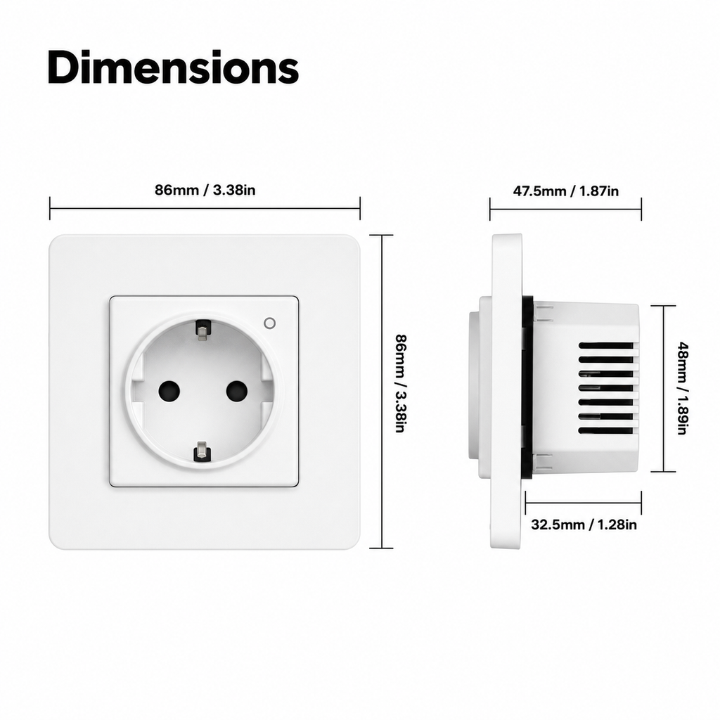Dimensions diagram for EU Zigbee wall socket front and side view