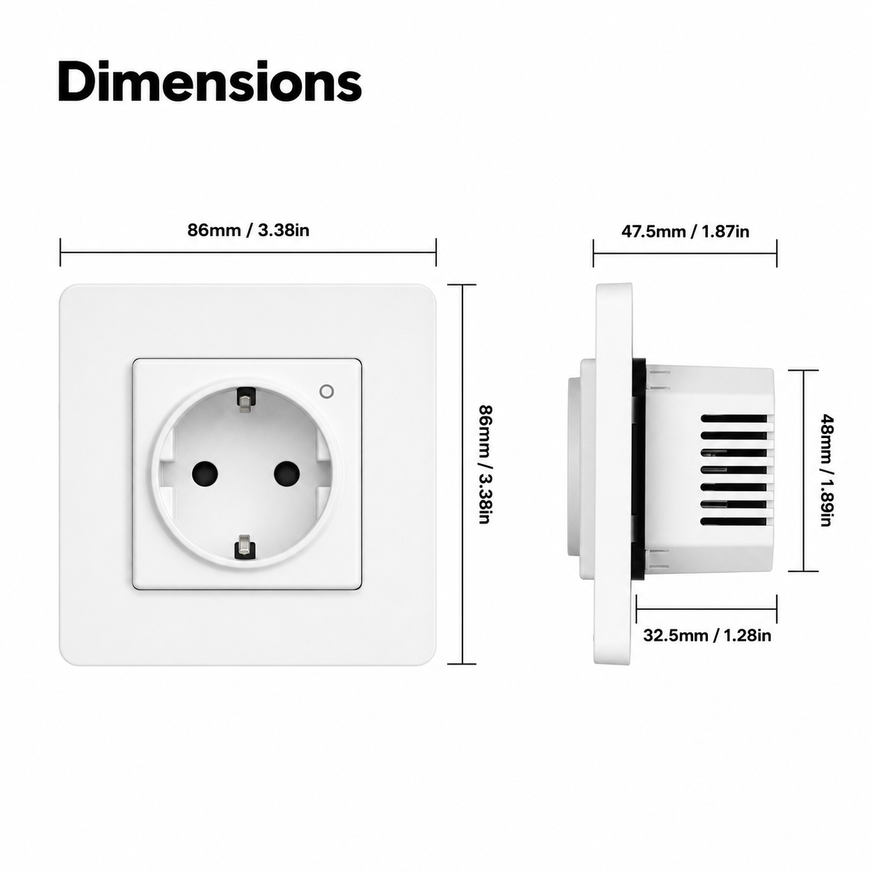 Dimensions diagram for EU Zigbee wall socket front and side view