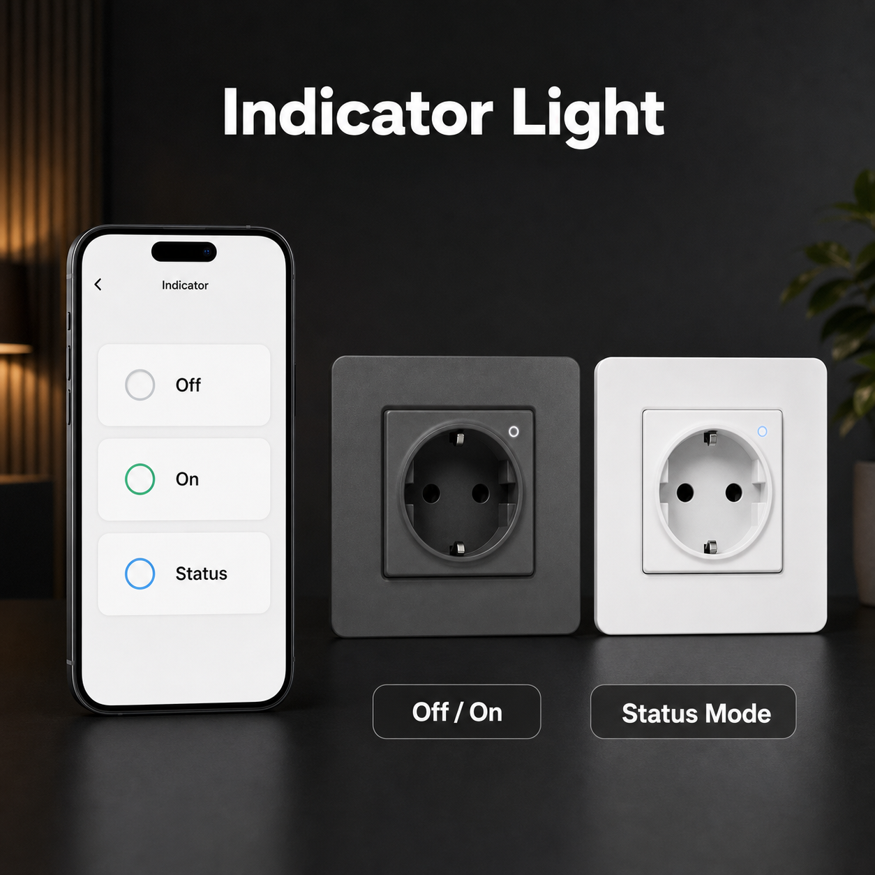 Indicator light settings image for grey and white EU wall sockets