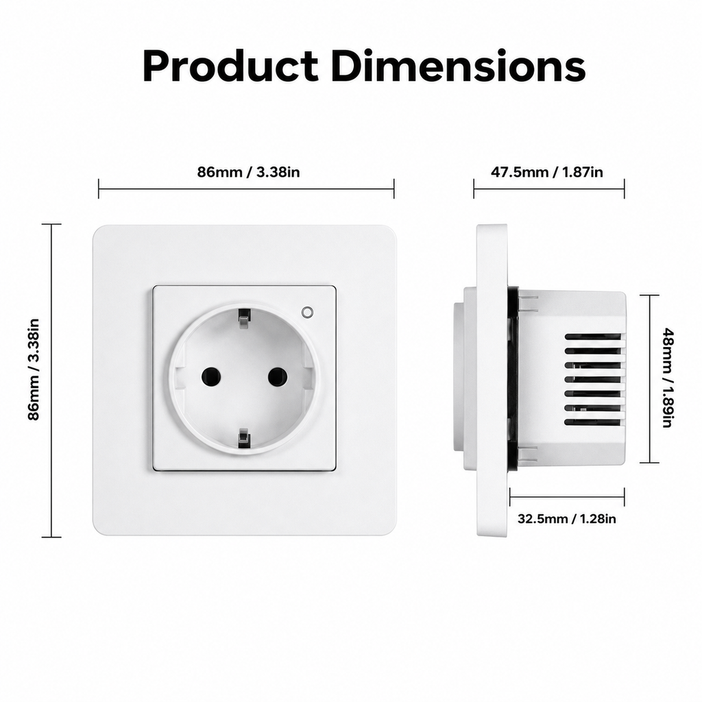 Product dimensions diagram for EU wall socket