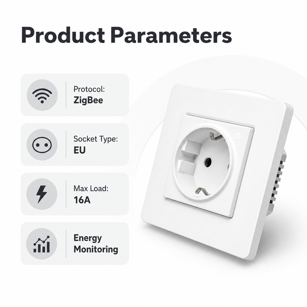 Product parameters card for Zigbee EU wall socket with energy monitoring