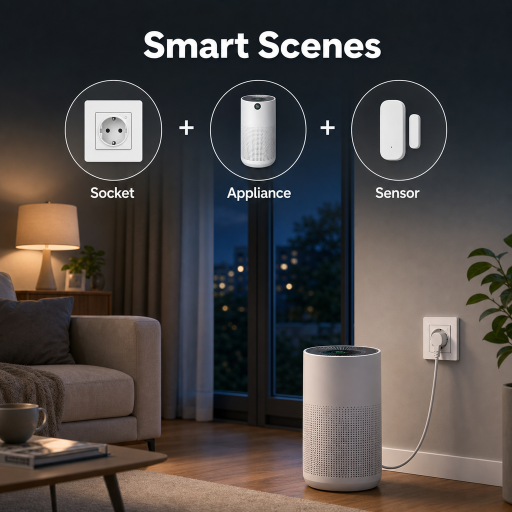 Smart scenes image with EU wall socket and connected appliance
